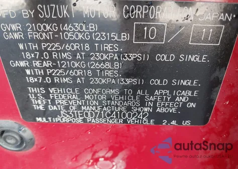 2012 Suzuki Grand Vitara Limited z USA, uszkodzony, nr VIN JS3TE0D71C4100242